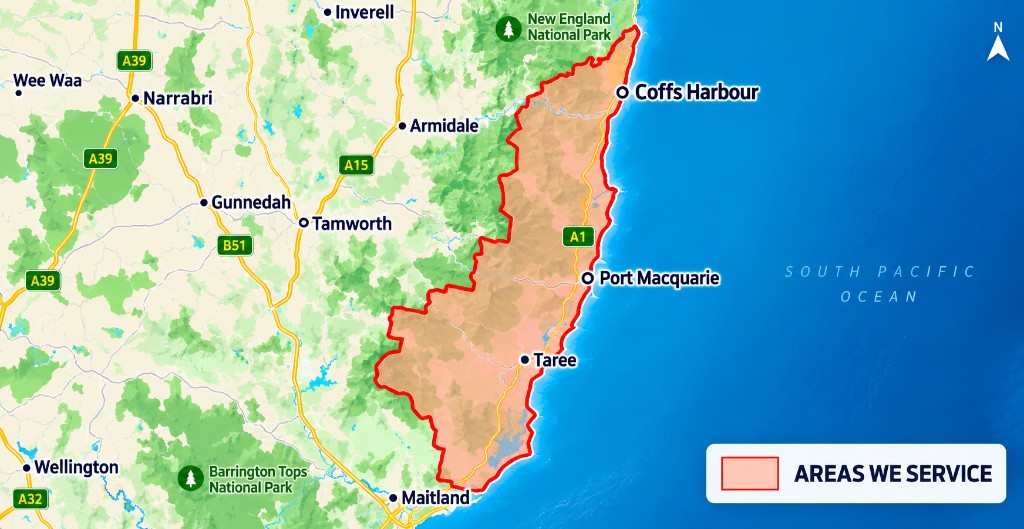 Map of areas we service on the Mid North Coast of NSW, including Port Macquarie, Taree and Coffs Harbour
